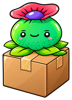 Das Maskottchen von Avalon Magic Plants, ein lächelnder Kaktus mit Blüte auf einem Paket